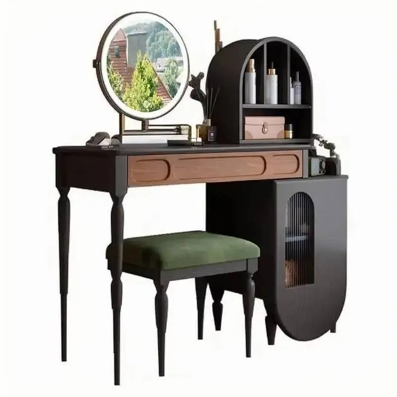 Beauty Makeup Vanity Set - Organizer Siyah Makyaj Masası Çekmeceli Tabure