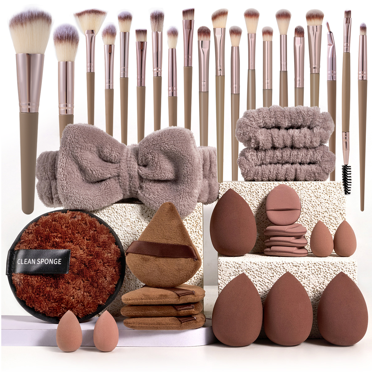 Beauty Makeup Gift Sets - Makyaj Fırçaları ve Sünger Seti, Kahverengi
