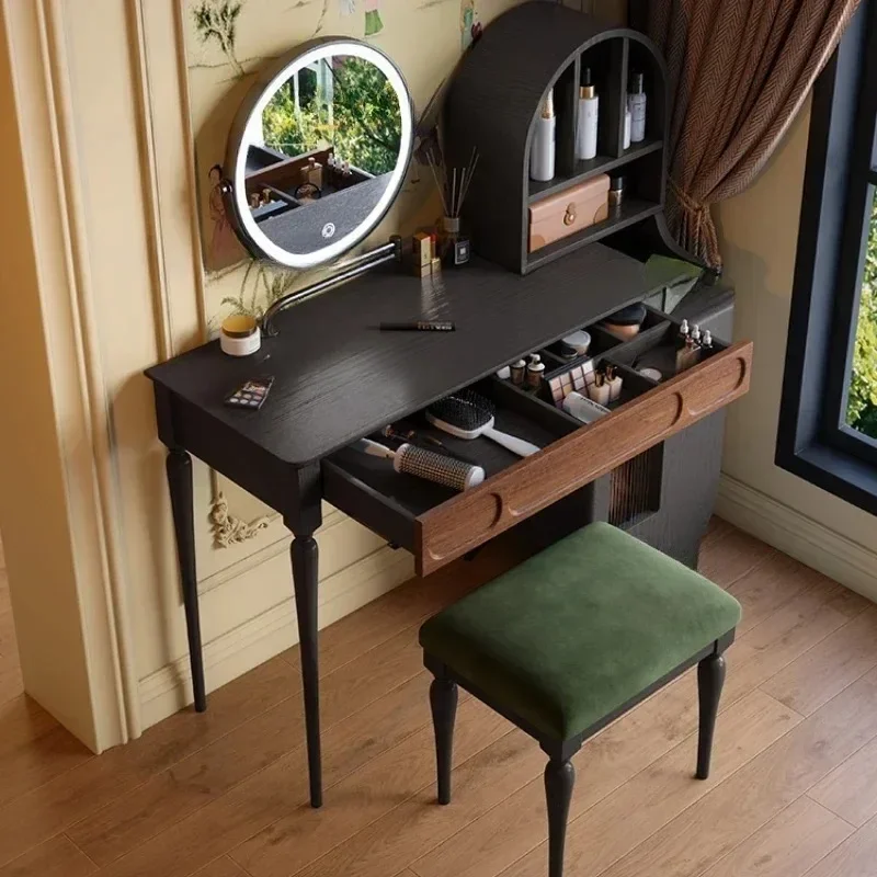 Beauty Makeup Vanity Set - Organizatör Siyah Makyaj Masası Çekmeceli Tabure