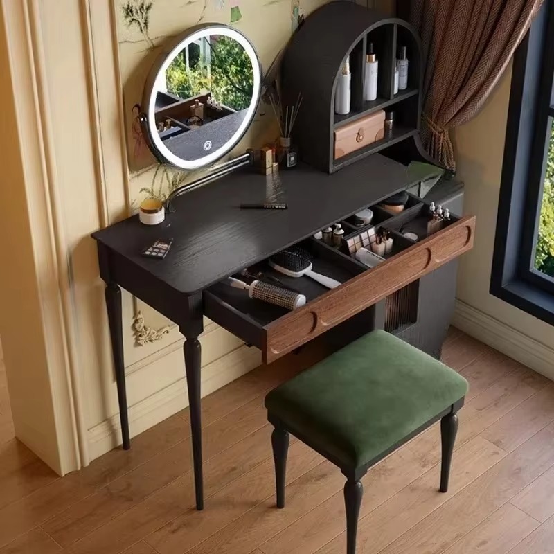 Beauty Makeup Vanity Set - İtalyan Siyah Makyaj Masası Çekmeceli Tabure